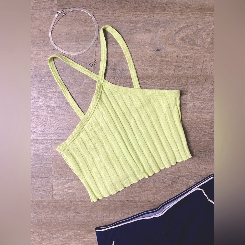 ZARA Light Green Halter Cropped Ribbed Knit Tank Top